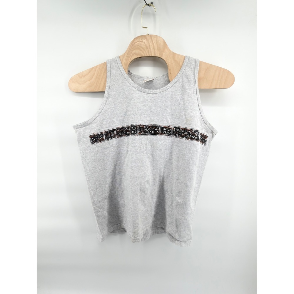 Vintage Go Barefoot‎ Tank Top XL Gray Cotton Made In USA Hawaiian Tribal Print